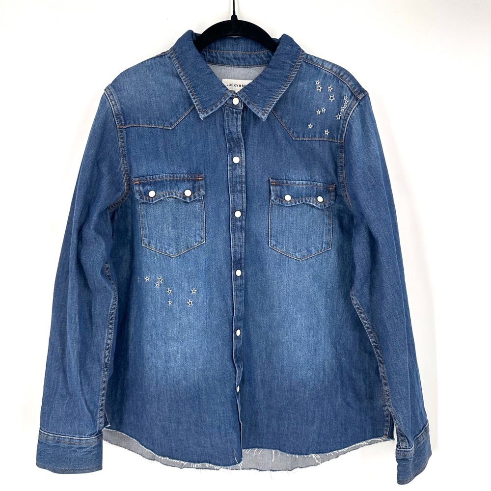 NWT Lucky Brand Denim Shirt Star Embellished Western‎ Snap Button LS Size L